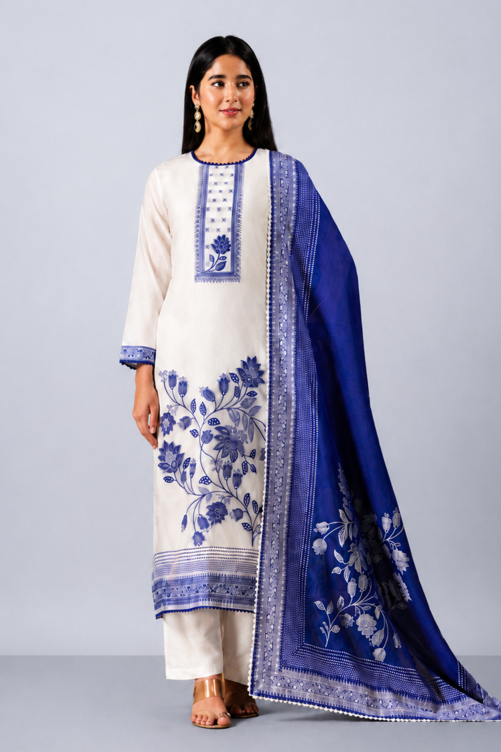 White Pure Bemberg Banarasi Jamdani Suit Set with Crochet Lace Design
