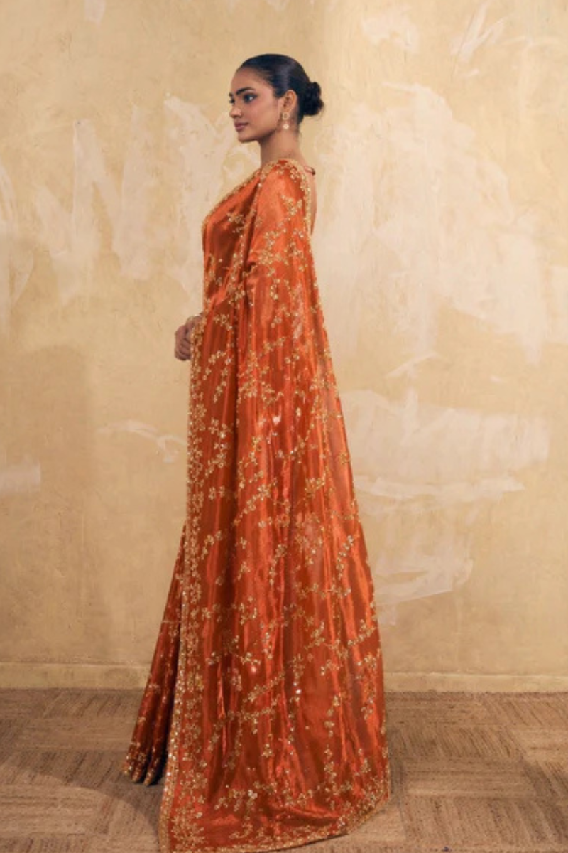 Rusty Orange Organza Silk Saree with Hand Embriodery with Stitched Blouse