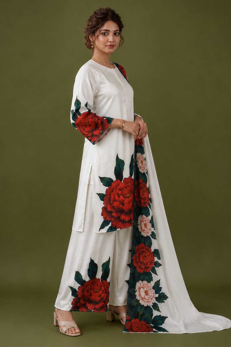 White Satin Silk Kurta Set with Floral Digital Print
