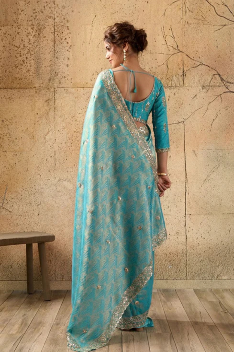 Sky Blue Organza Silk Saree with Zari Hand Embroidery with Stitched Blouse