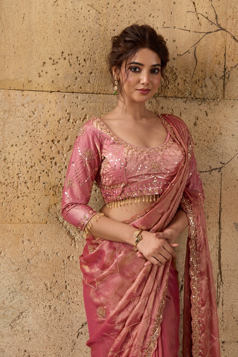 Rose Pink Organza Saree with Hand Embroidery with Stitched Blouse