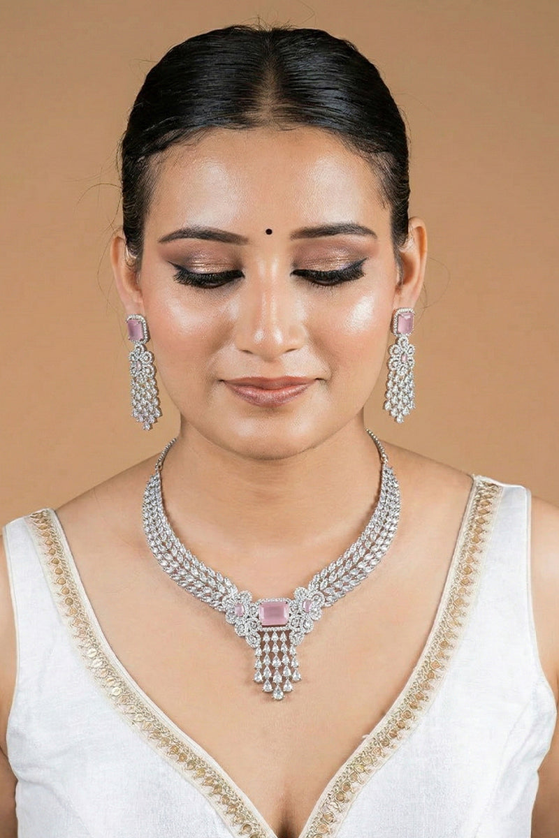 Pink Silver Tone American Diamond Necklace Set with Floral Motif