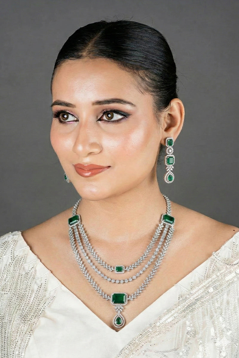 Royal Emerald Green Square-Cut American Diamond 3-Layer Necklace Set
