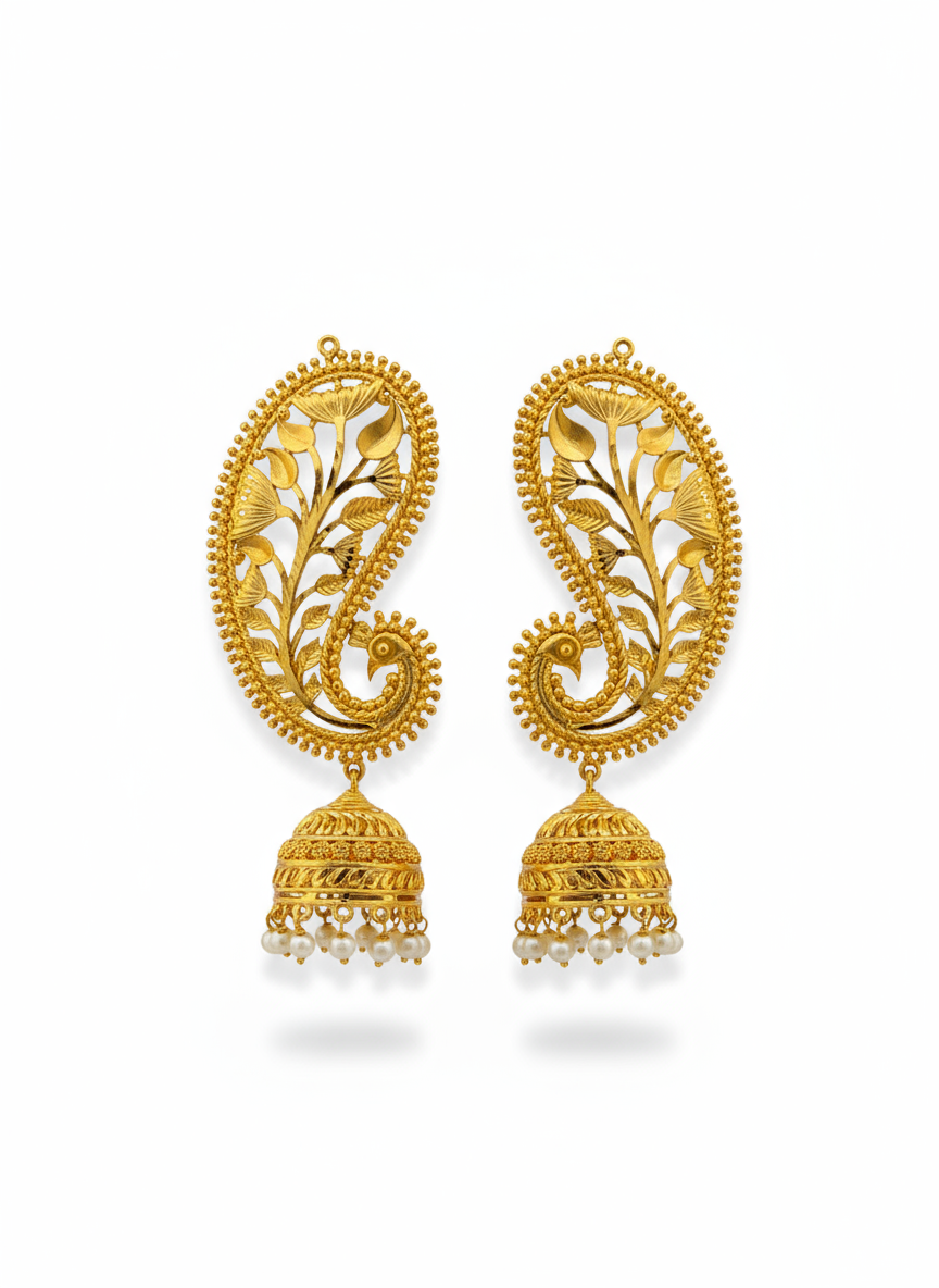 Gold Plated Jhumka Earring Cuff with Leave pattern Design