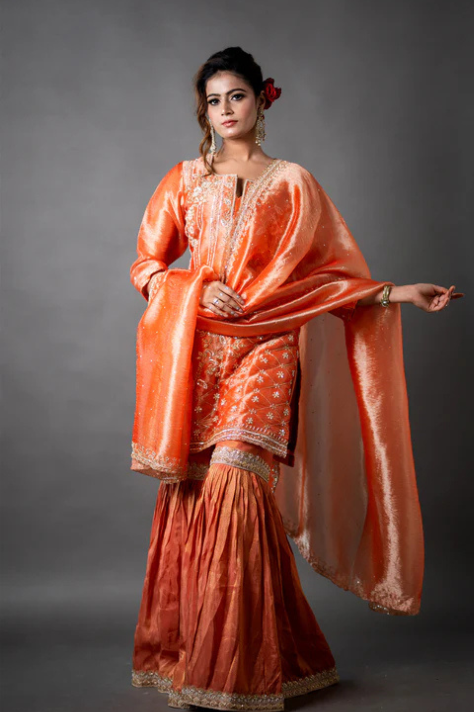 Orange Organza Kurta Gharara Set with Zari, Sequin & Pearl Hand Embroidery Work