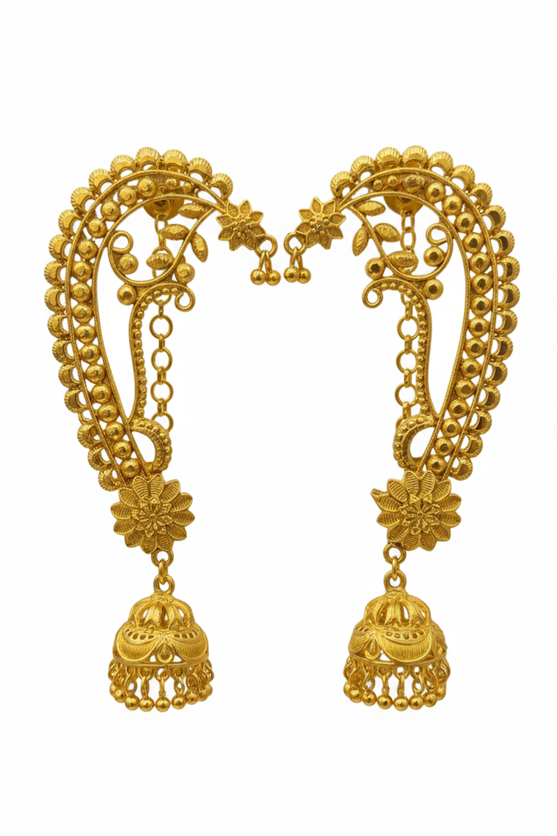 Gold Plated Jhumka Ear Cuffs with Floral Design