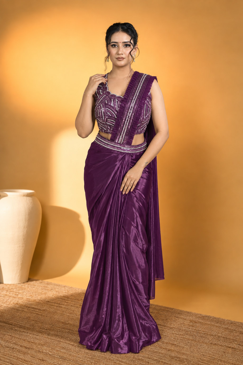 Dark Purple Satin Silk Pre-Draped Saree with Embroidered Work