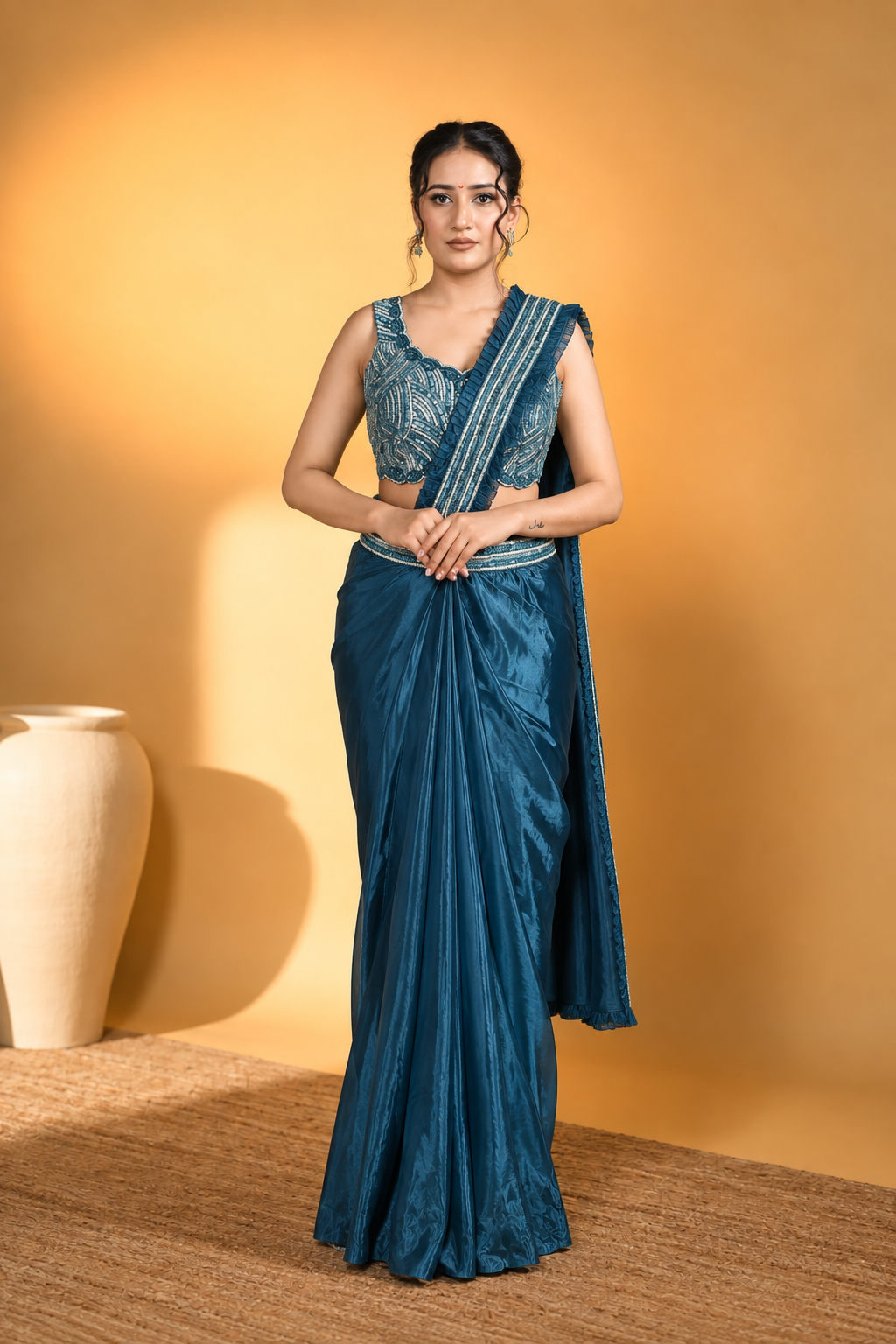 Teal Blue Satin Silk Pre-Draped Saree with Embroidered Work