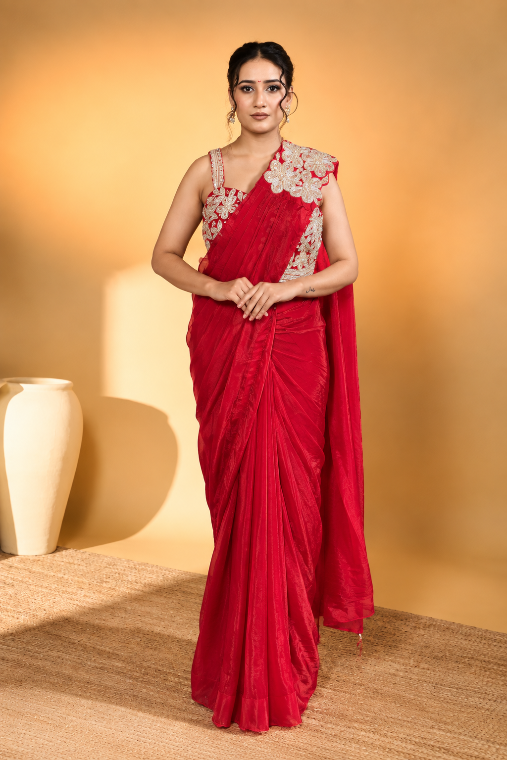 Red Lycra Pre-Draped Saree with Floral Embroidery