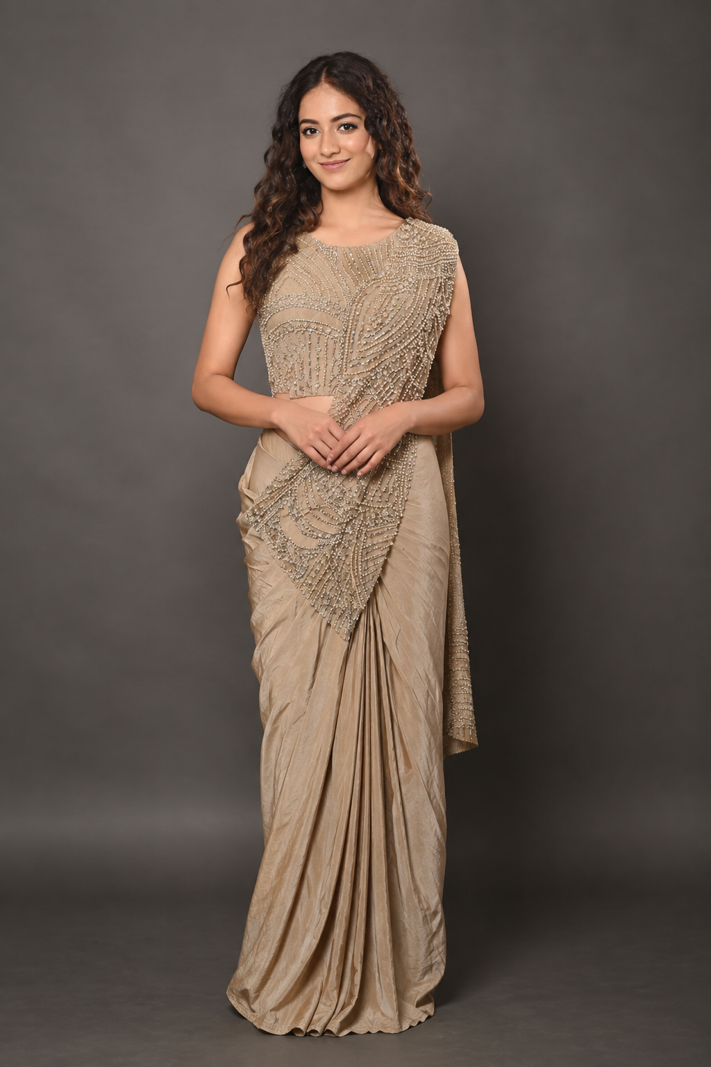 Champagne Beige Lycra Pre-Draped Saree with Pearl