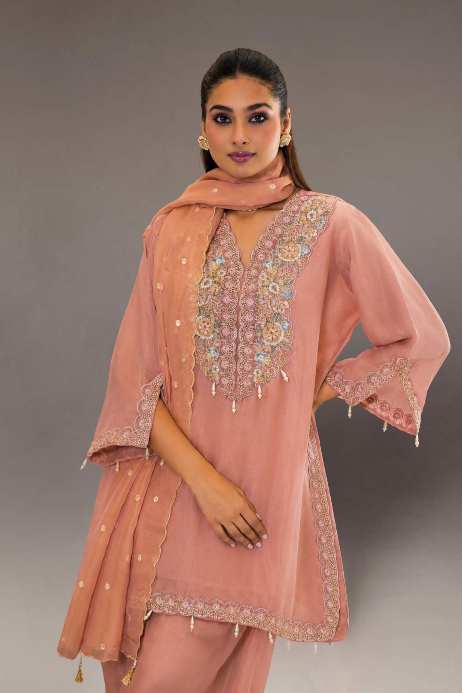 Blush Pink Shimmer Silk Kurta Set with Embroidered Designer Work