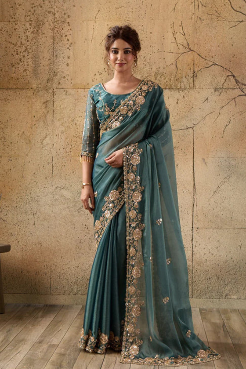 Bottle Green Organza Saree with Floral Hand Embroidery with Stitched Blouse