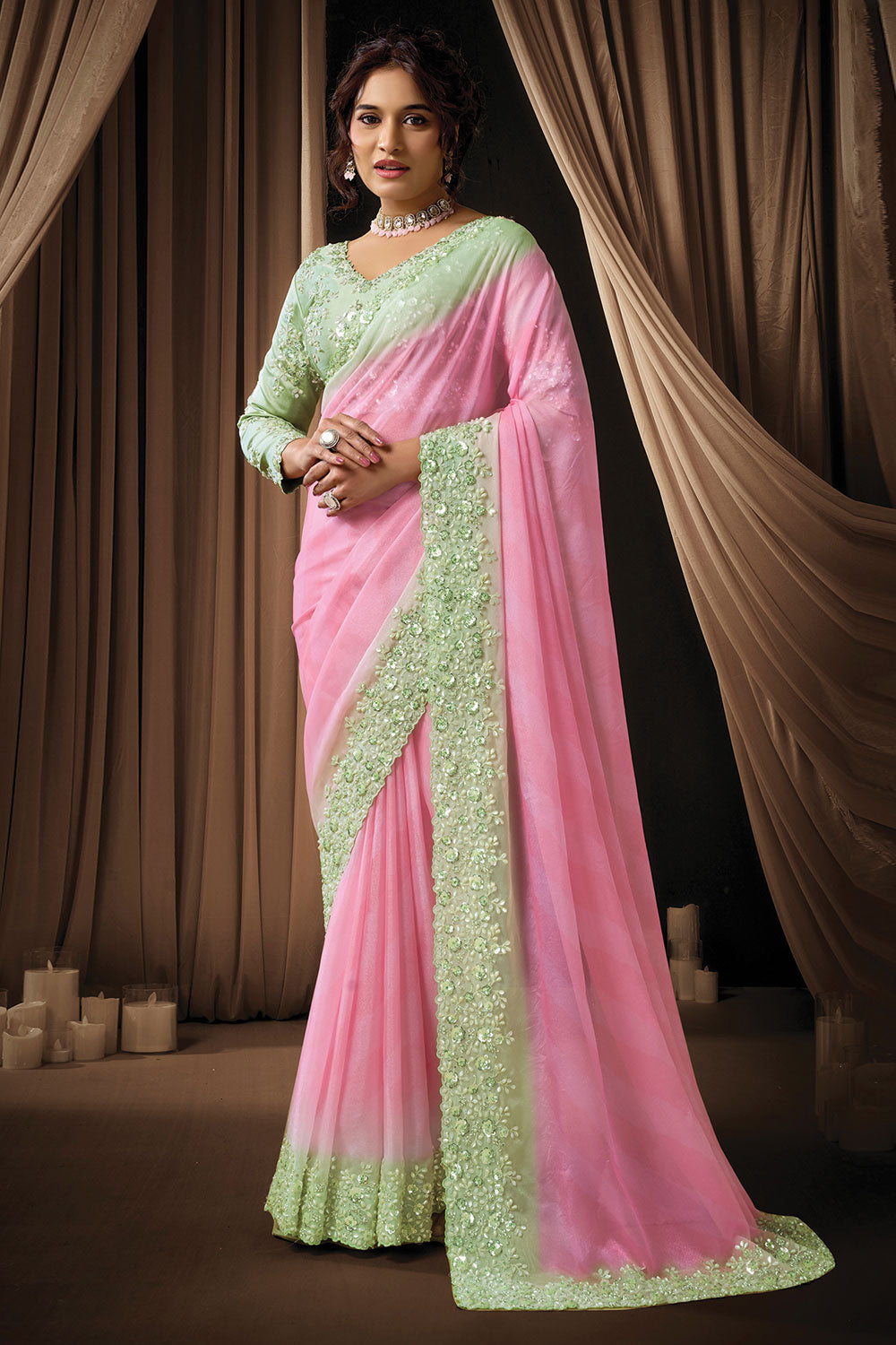 Blush Pink Georgette Saree with Mint Green Embroidered Border
