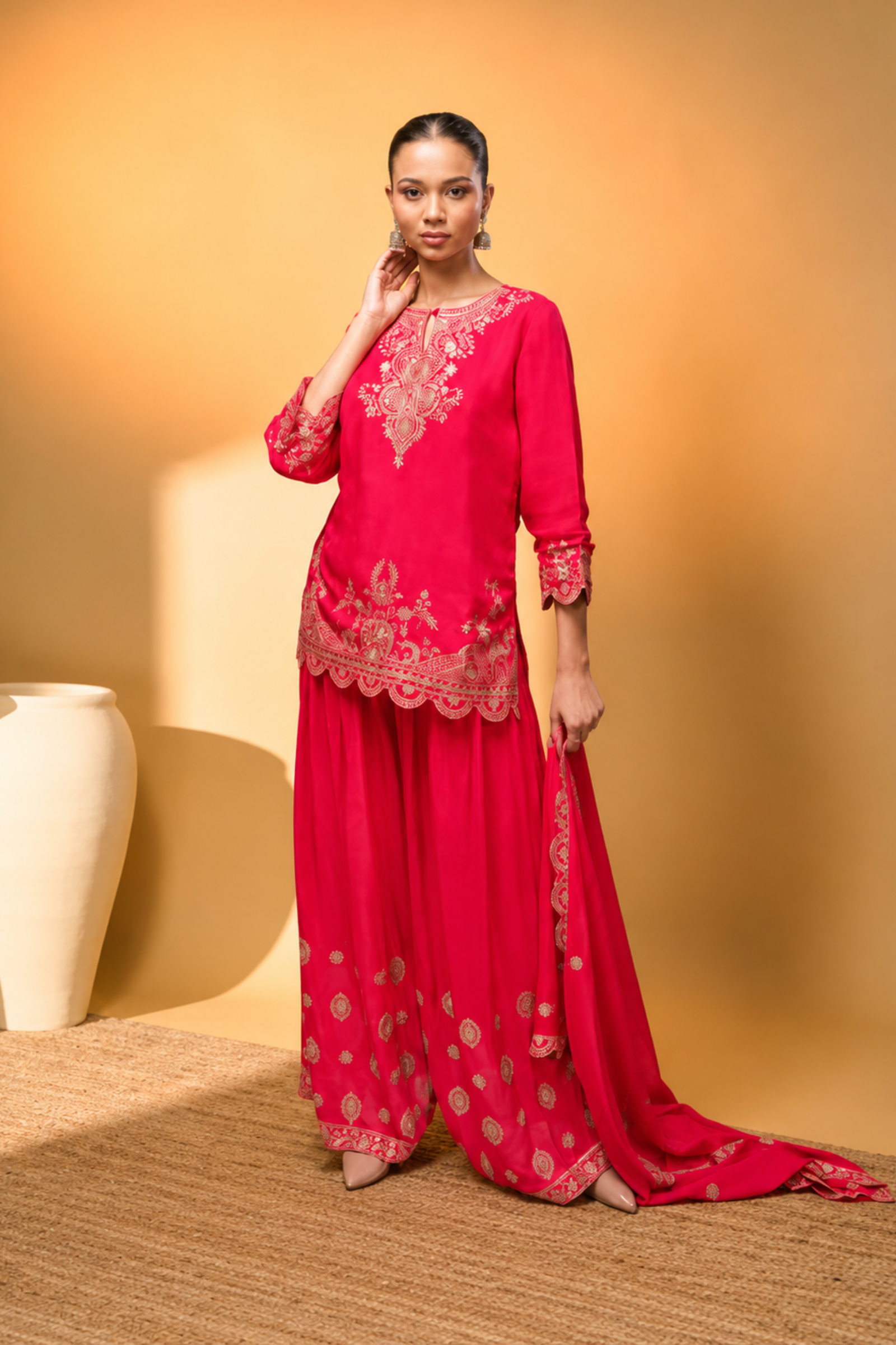 Rani Pink Crepe Kurta Sharara Set with Golden Zari Embroidery