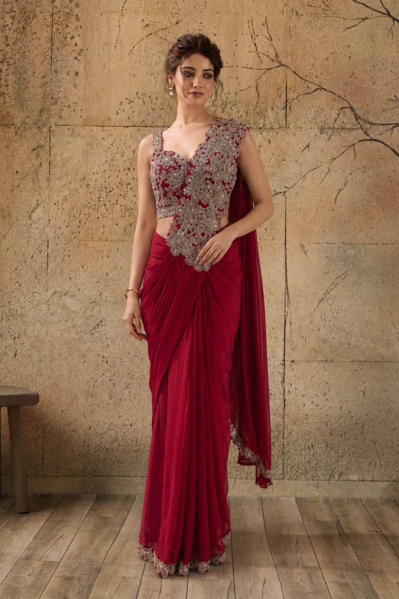 Wine Red Lycra Pre-Draped Saree with Floral Embroidered Ready To Wear Blouse