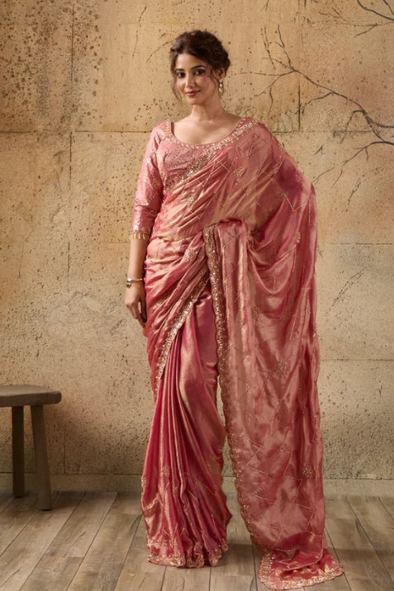 Rose Pink Organza Saree with Hand Embroidery with Stitched Blouse