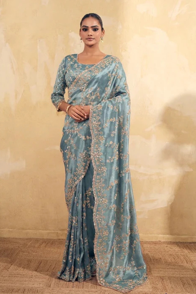 Aqua Blue Organza Silk Saree with Hand Embriodery with Stitched Blouse