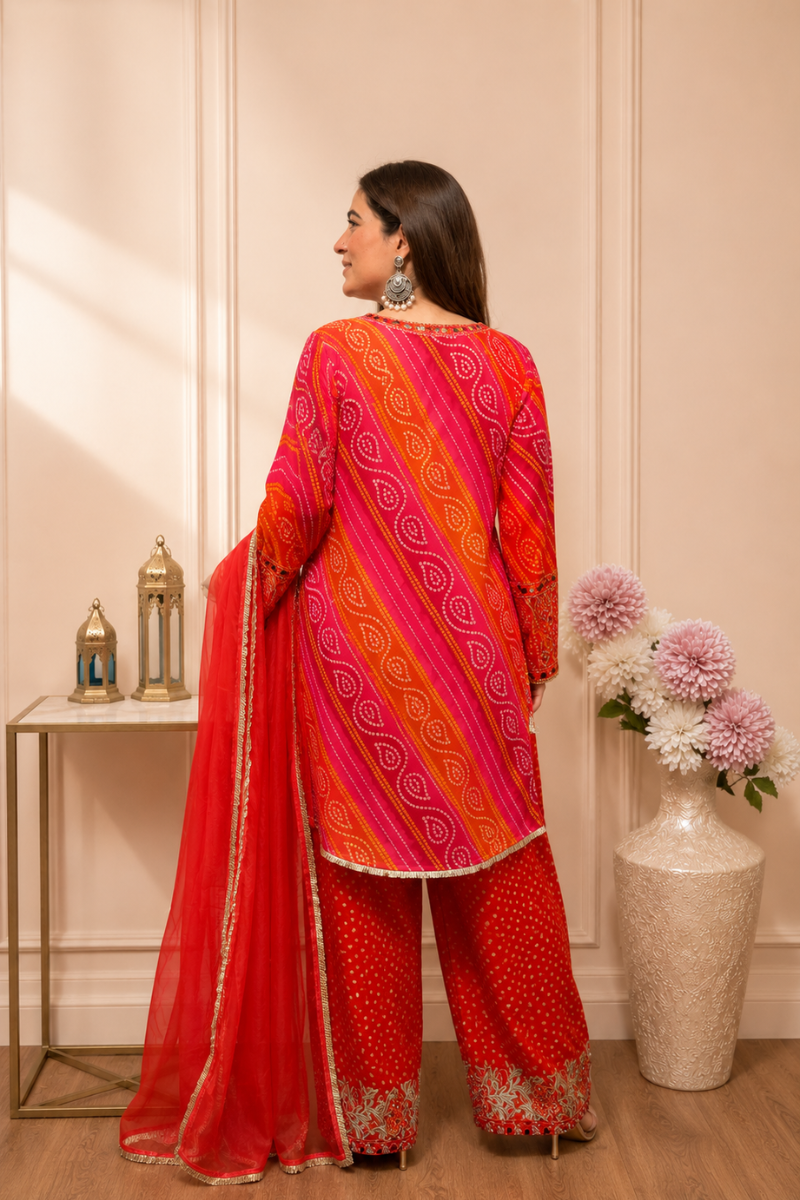 Red Georgette Printed Suit Set with Floral Embroidered Work