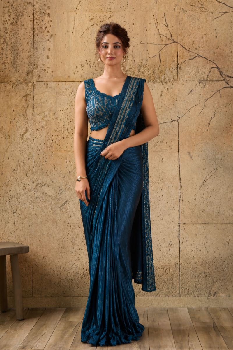 Teal Blue Georgette Pre-Draped Saree with Heavy Sequin Embroidered Ready to Wear Blouse