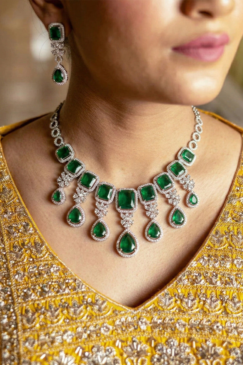 Emerald Stone Choker Necklace Set with Crystal Drop Detailing