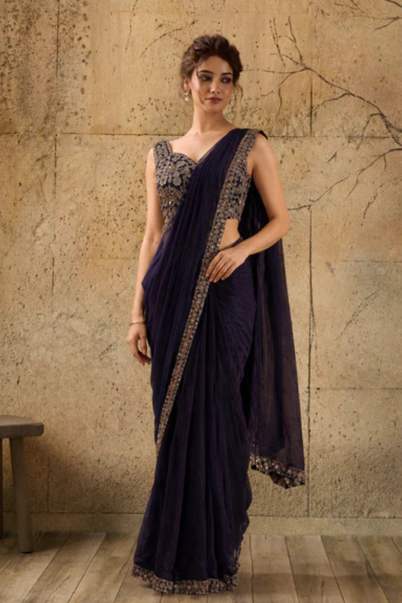 Navy Blue Georgette Pre-Draped Saree with Embroidered Border With Ready To Wear Blouse