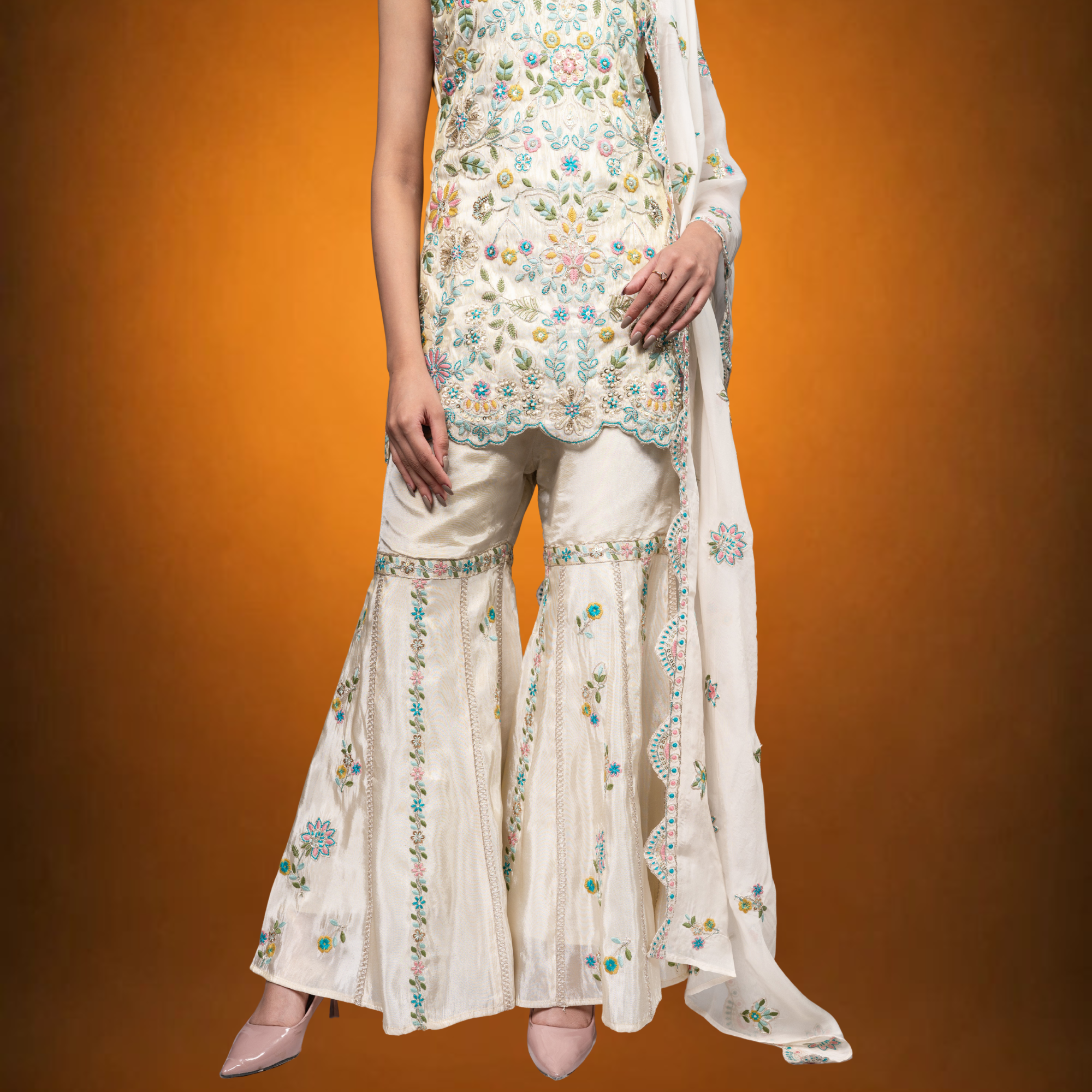 Ivory Cream White Crepe Garara Set with Pearl Embroidery