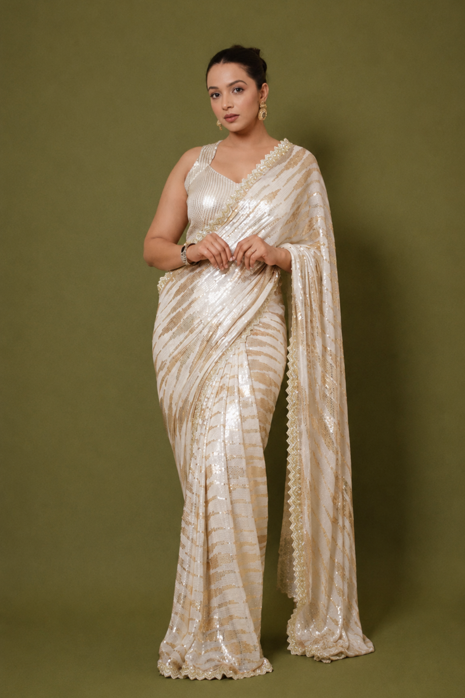 White & Champagne Gold Striped Sequin Embroidery Saree With Ready To Wear Blouse