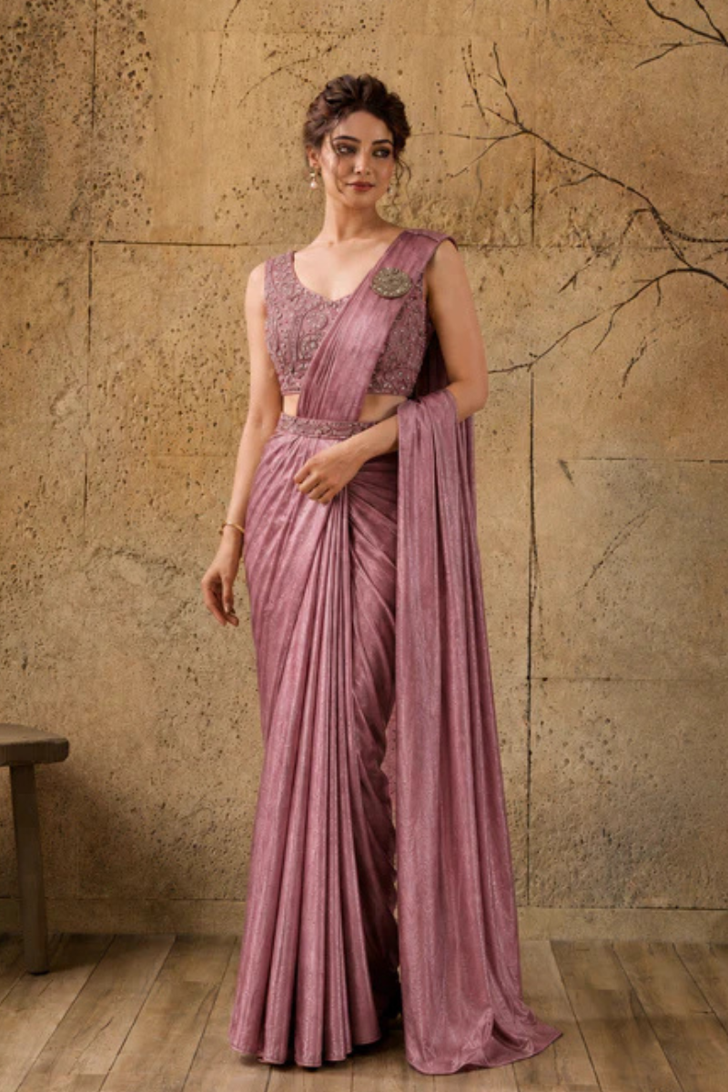 Rose Pink Lycra Pre-Draped Saree with Ready to Wear Blouse