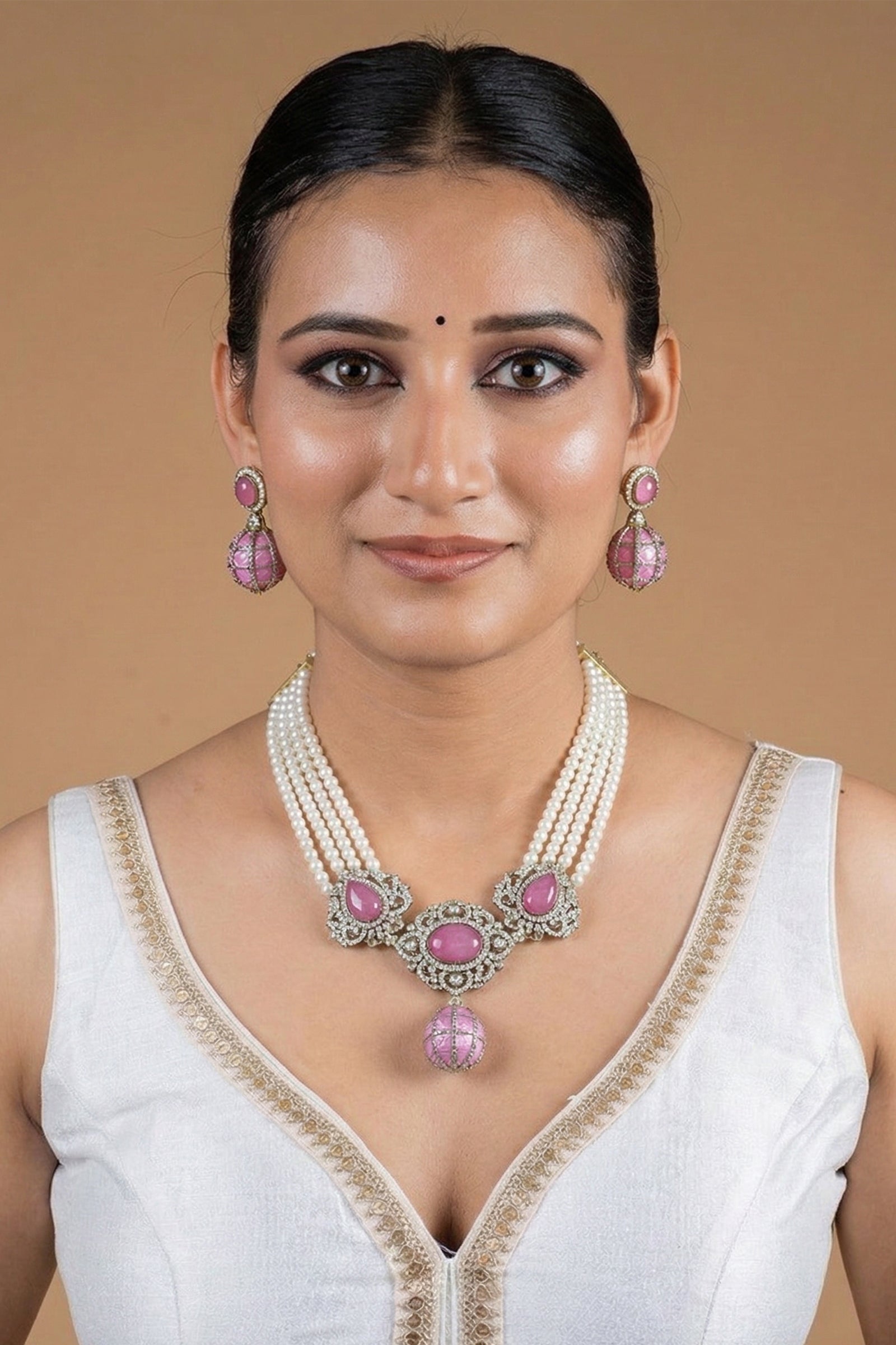 Rose Pink Oval Stone Pearl Strand Necklace Set with Antique Golden Floral Detailing & Matching Drop Earrings