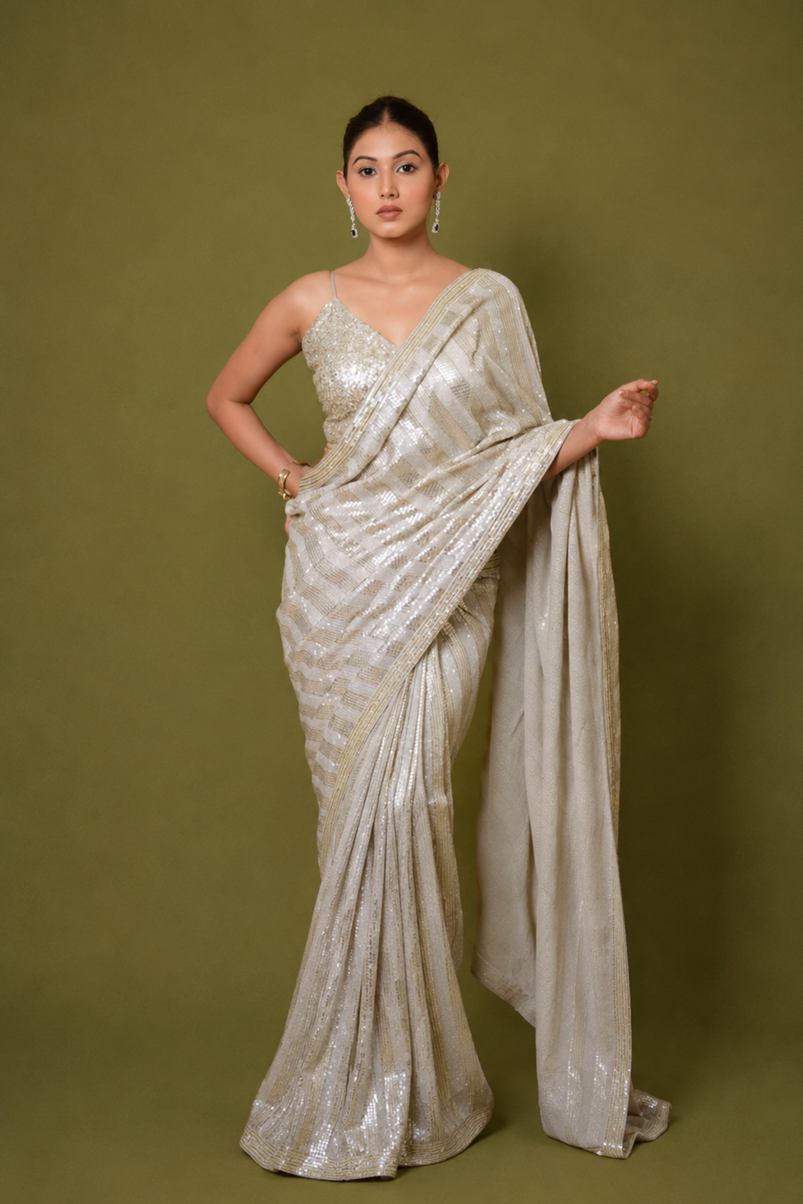 Off-White With Silver Diagonal Striped Sequin Embroidery Saree With Ready To Wear Blouse