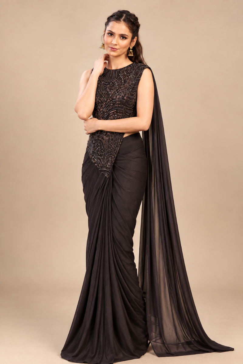 Brown Lycra Pre-Draped Saree with Sequin Embroidered Blouse