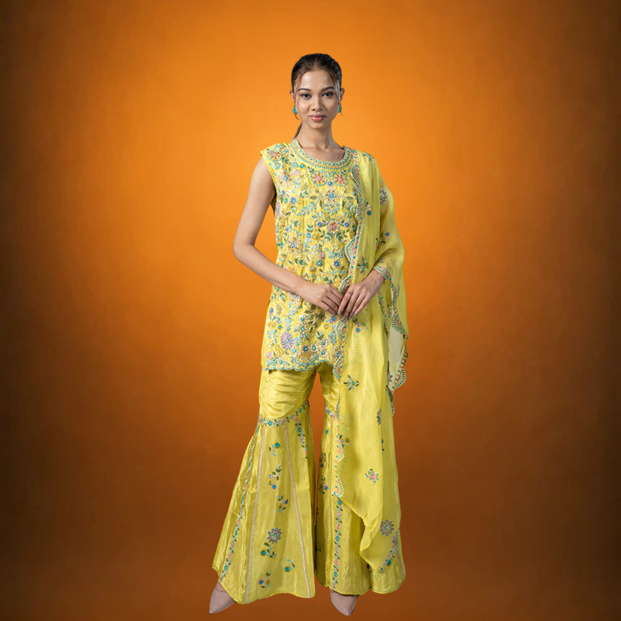 Ivory Cream White Crepe Garara Set with Pearl Embroidery