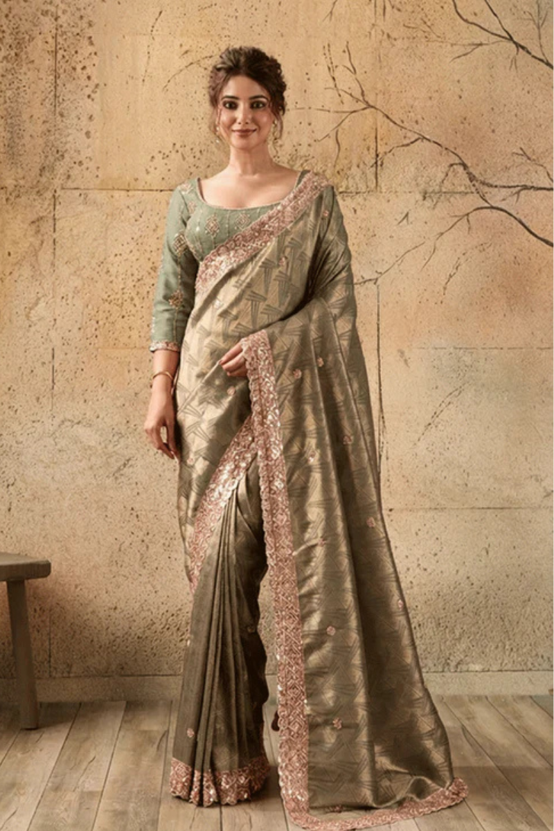 Mehandi Green Organza Silk Saree with Zari Hand Embroidery with Stitched Blouse
