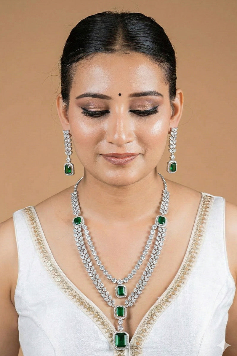 Emerald Green American Diamond Double-Layer Leaf Necklace
