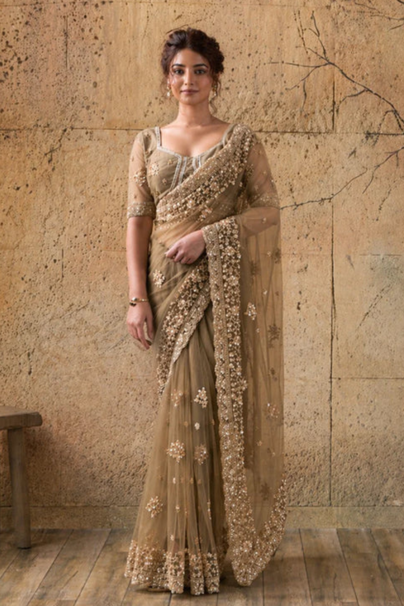 Dark Golden Net Saree with Hand Embroidery with Stitched Blouse