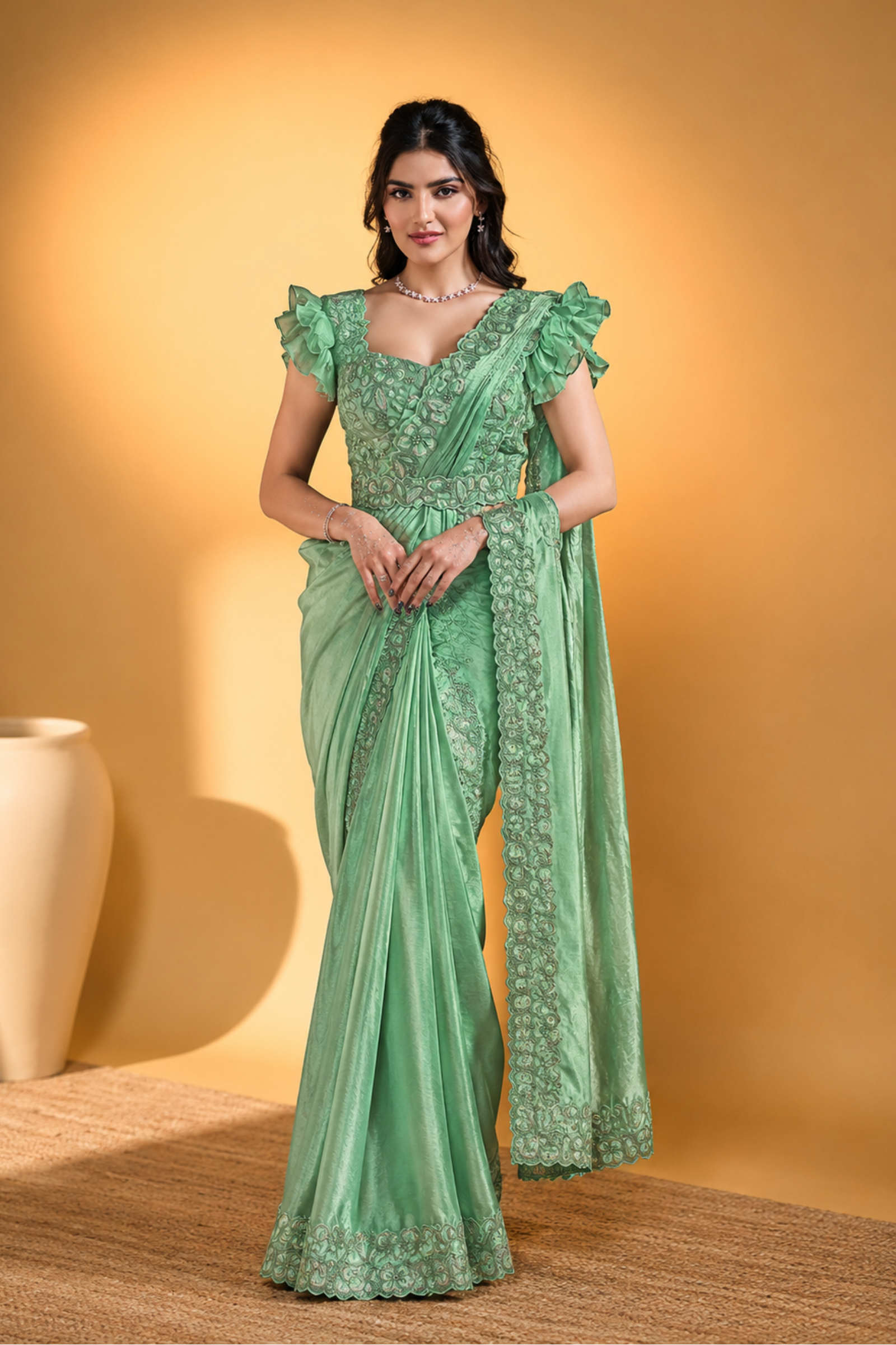 MAYRAKE Green Ready-to-Wear Organza Silk Saree with Sequins & Moti Work
