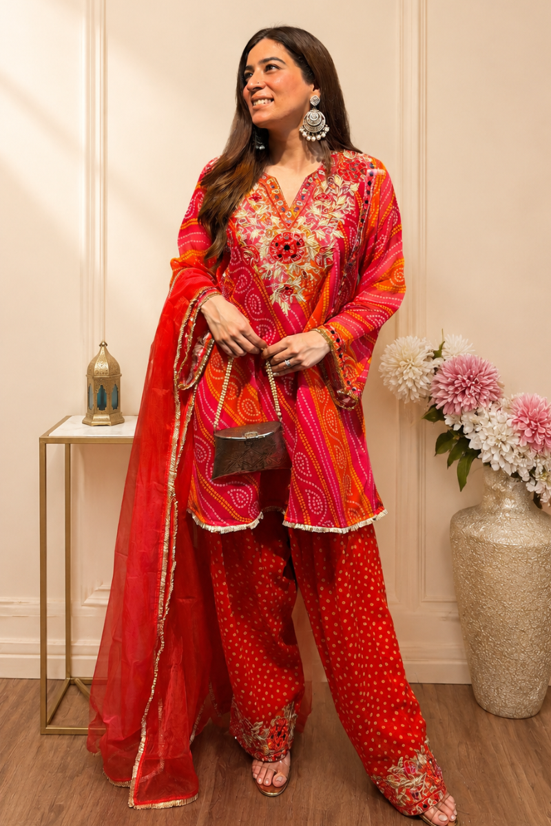 Red Georgette Printed Suit Set with Floral Embroidered Work