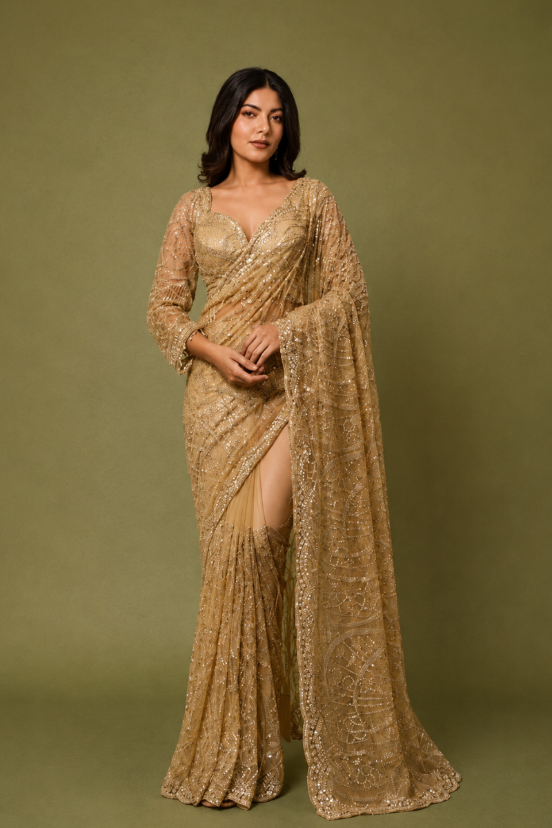 Champagne Gold Hand-Embroidered Designer Saree With Ready To Wear Blouse