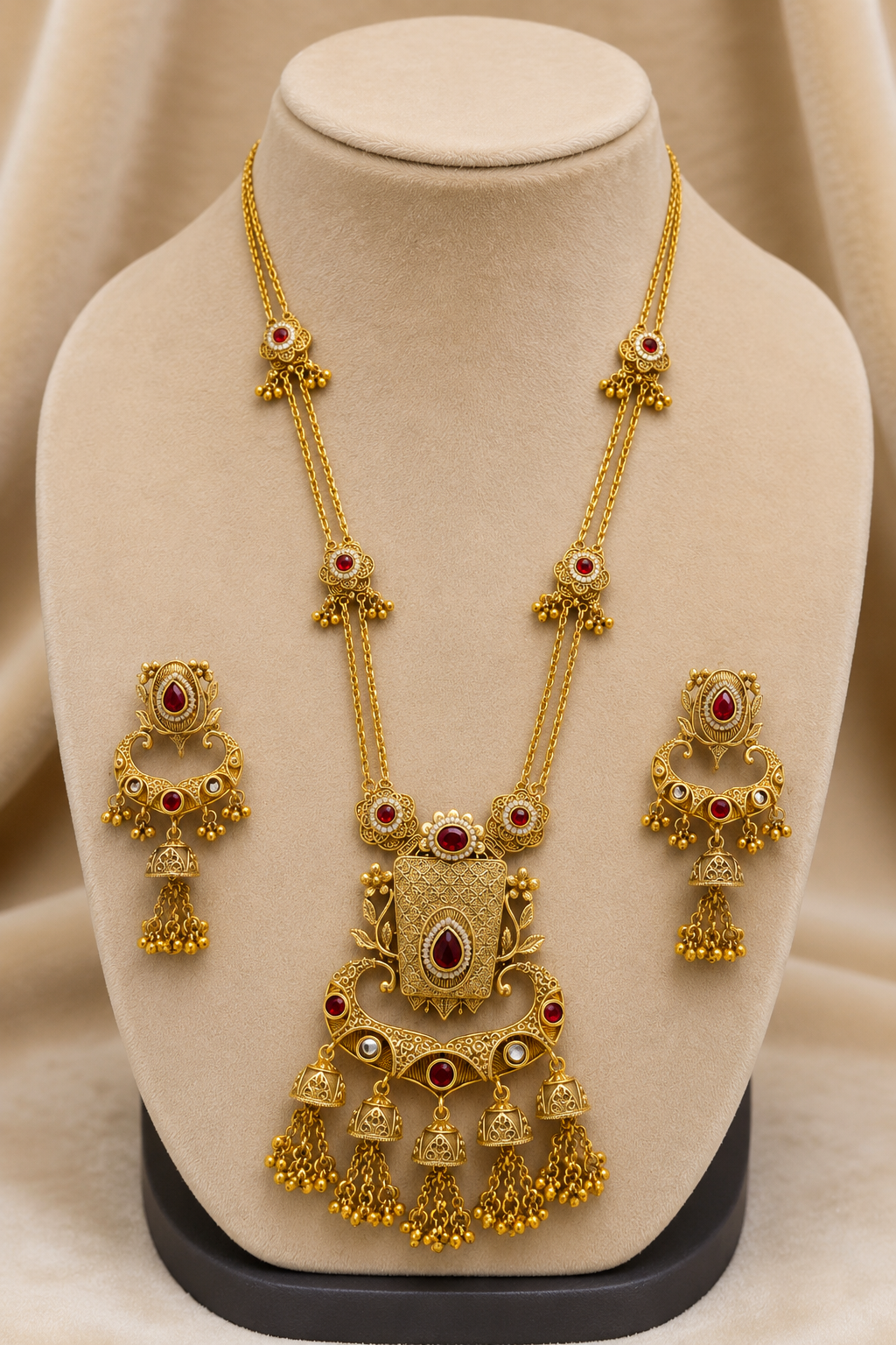 Gold-Tone Anti-Tarnish Traditional Temple Long Pendant Necklace Set with Red & Green Stones
