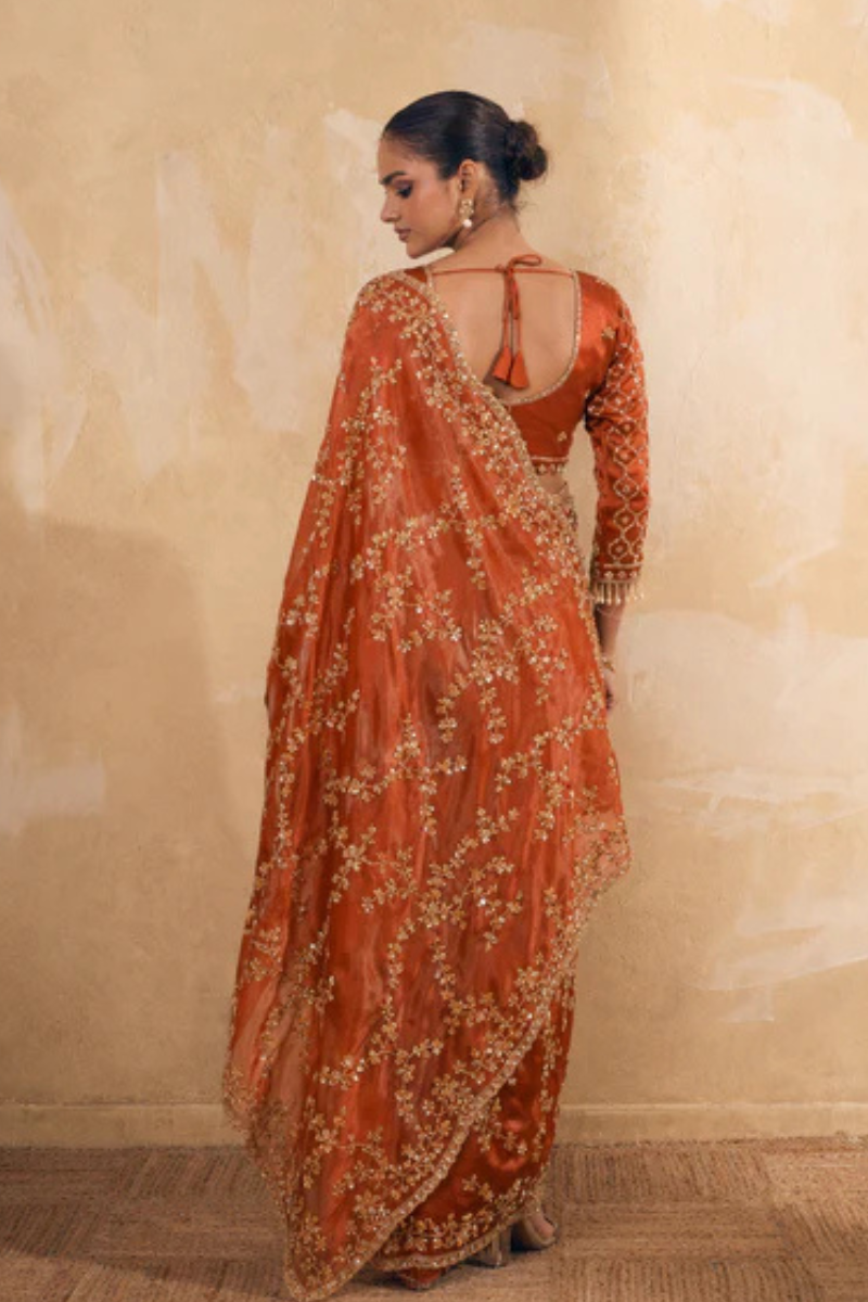 Rusty Orange Organza Silk Saree with Hand Embriodery with Stitched Blouse
