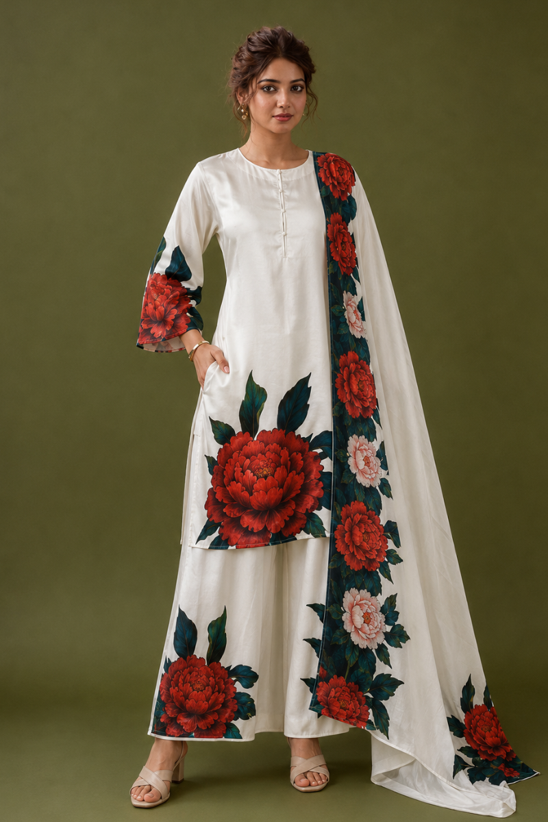 White Satin Silk Kurta Set with Floral Digital Print
