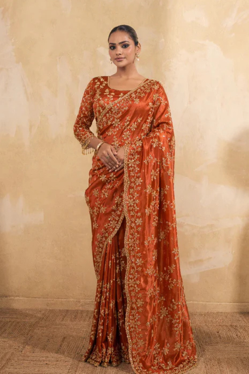 Rusty Orange Organza Silk Saree with Hand Embriodery with Stitched Blouse