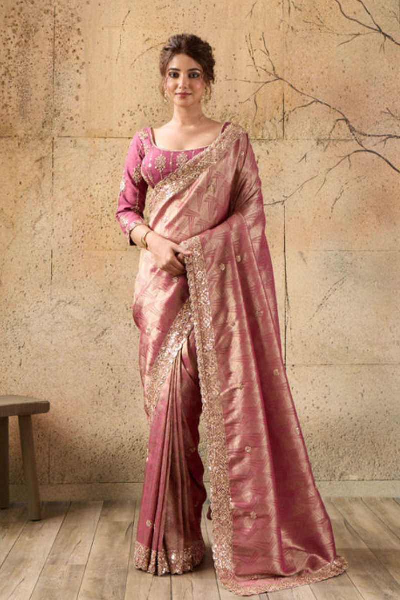 Pink Organza Silk Saree with Zari Hand Embroidery with Stitched Blouse