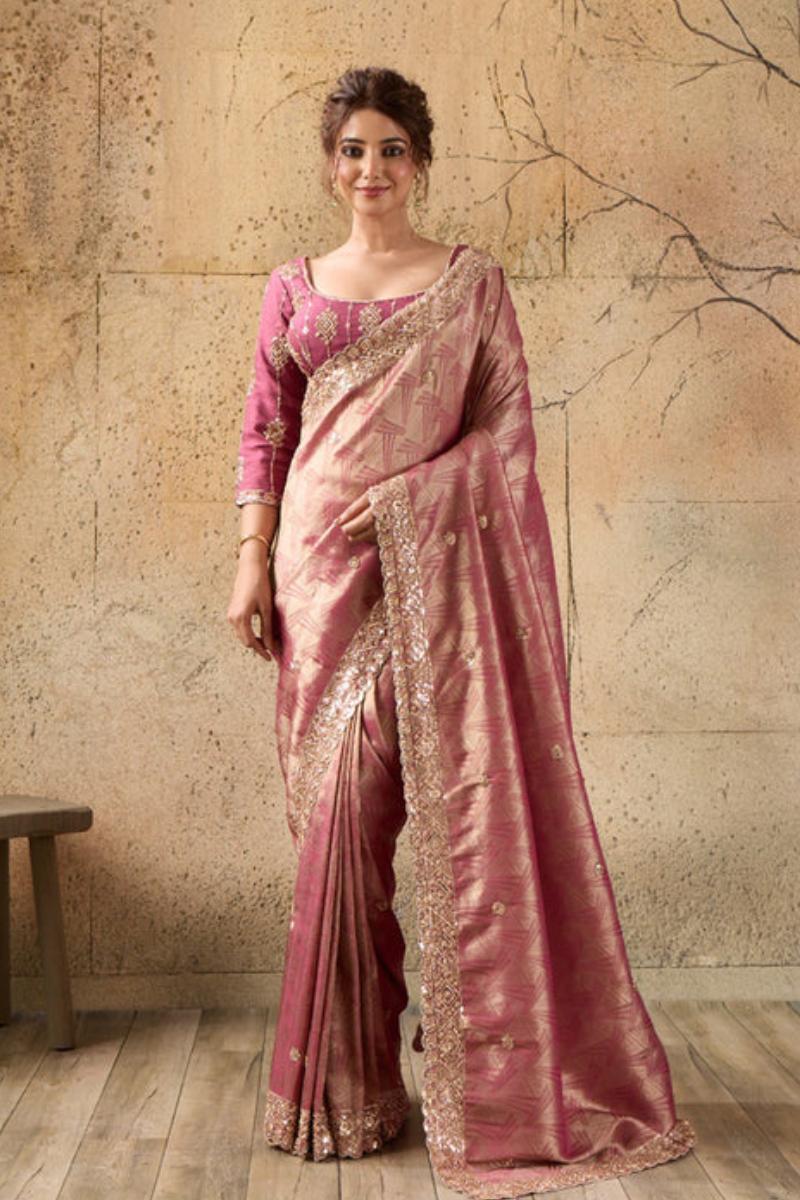 Pink Organza Silk Saree with Zari Hand Embroidery with Stitched Blouse