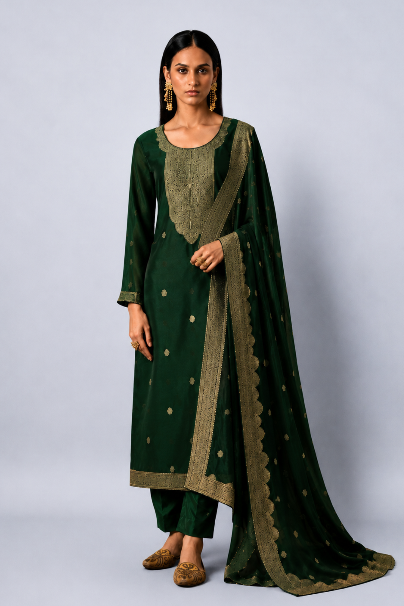 Bottle Green Premium Viscose Woven Silk Jacquard Suit Set with Hand Work Design