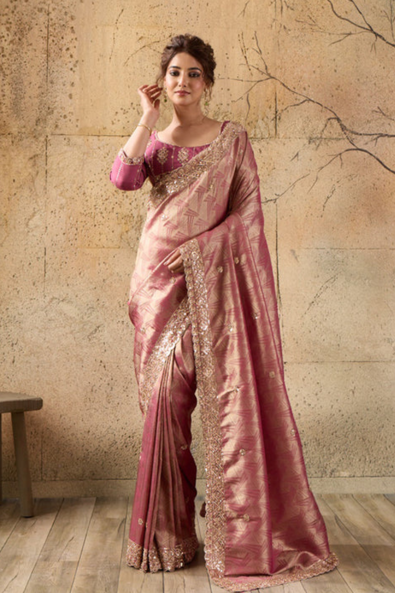 Pink Organza Silk Saree with Zari Hand Embroidery with Stitched Blouse