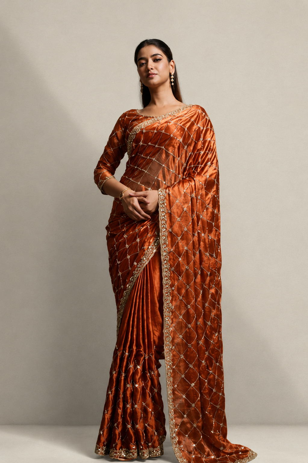 Rusty Dark Orange Organza Silk Saree with Hand Embroidery with Stitched Blouse