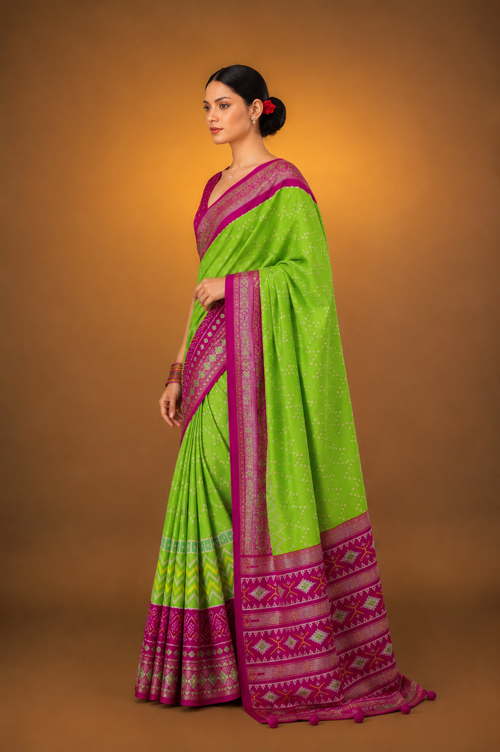 Green Magenta Raw Silk Saree with Patola Design