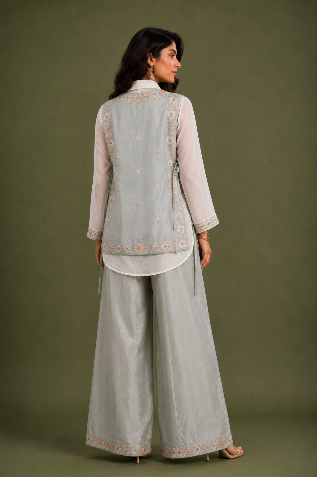 Ice Blue Chinon Silk 3 Piece Cord Set with Embroidered Jacket