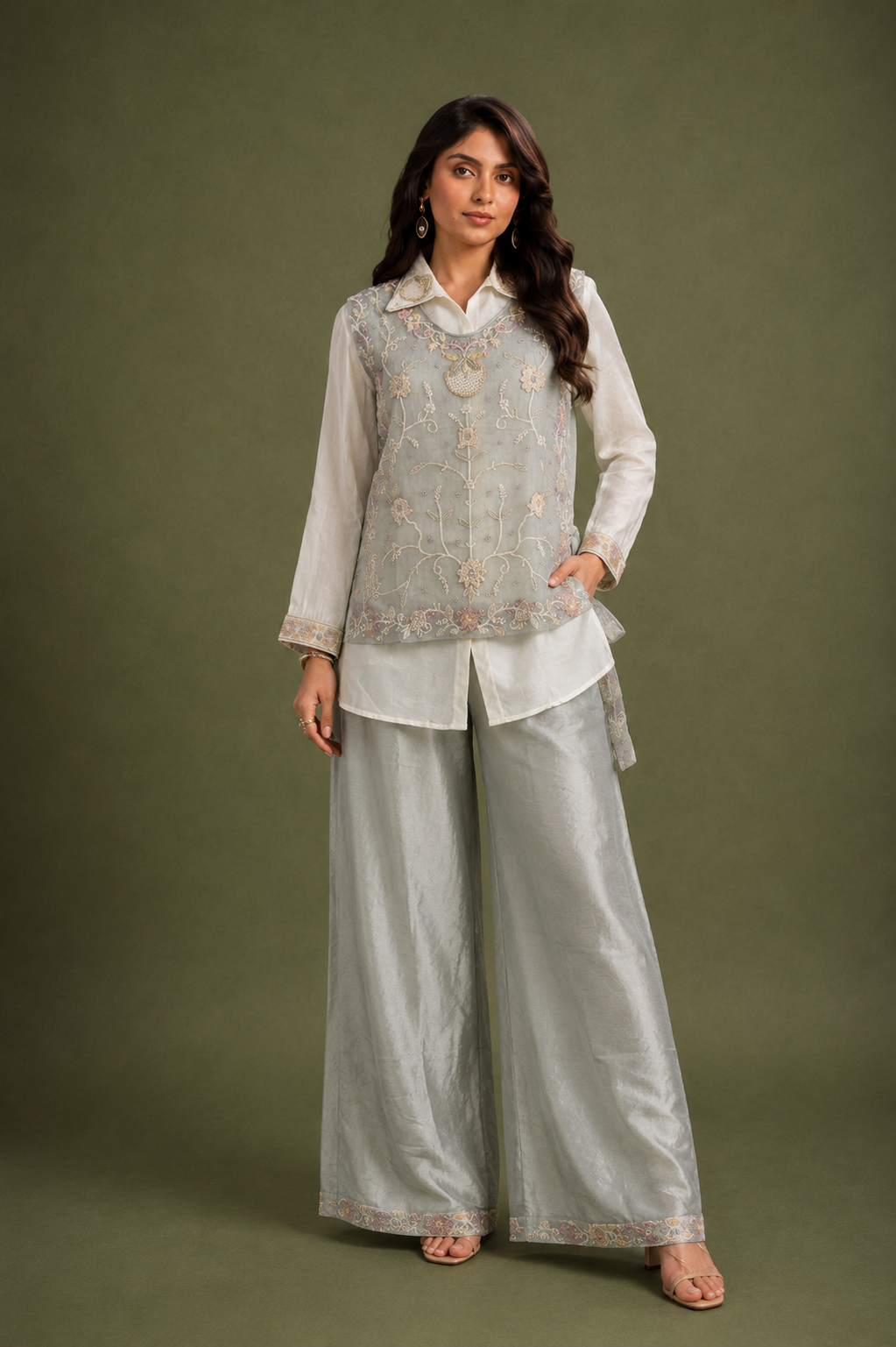 Ice Blue Chinon Silk 3 Piece Cord Set with Embroidered Jacket